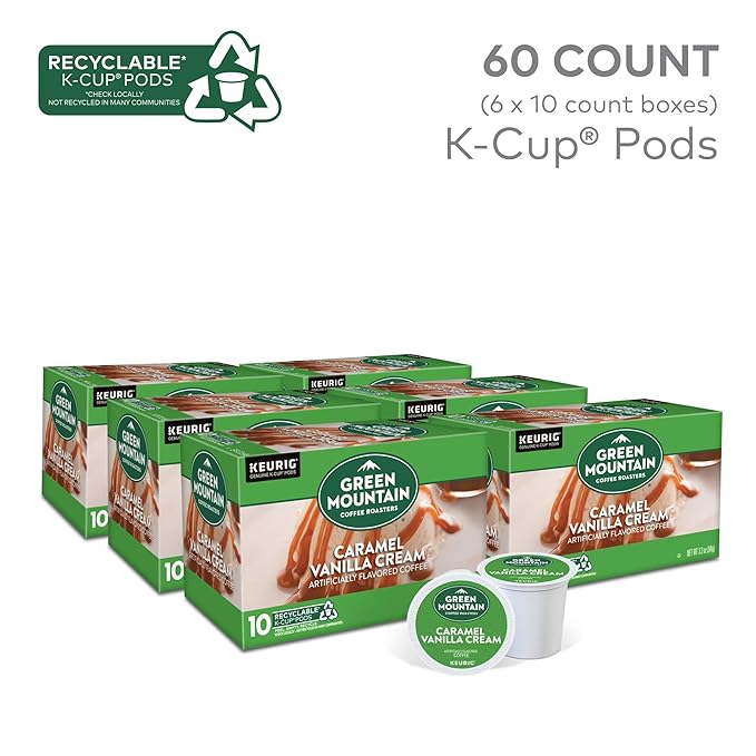 Green Mountain Coffee Roasters Caramel Vanilla Cream, Keurig Single Serve K-Cup Pods, Light Roast Coffee, 60 Count, (6 Packs of 10)