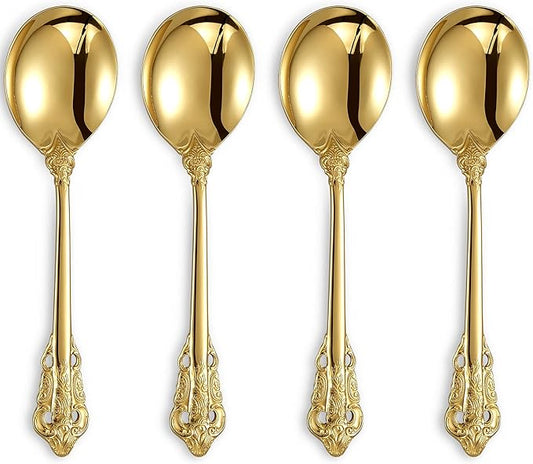 KEAWELL Gorgeous Round Soup Spoon, Set of 4, 18/10 Stainless Steel, Luxury Bouillon Spoon, Dishwasher Safe, Fine Mirror Polished (Gold)