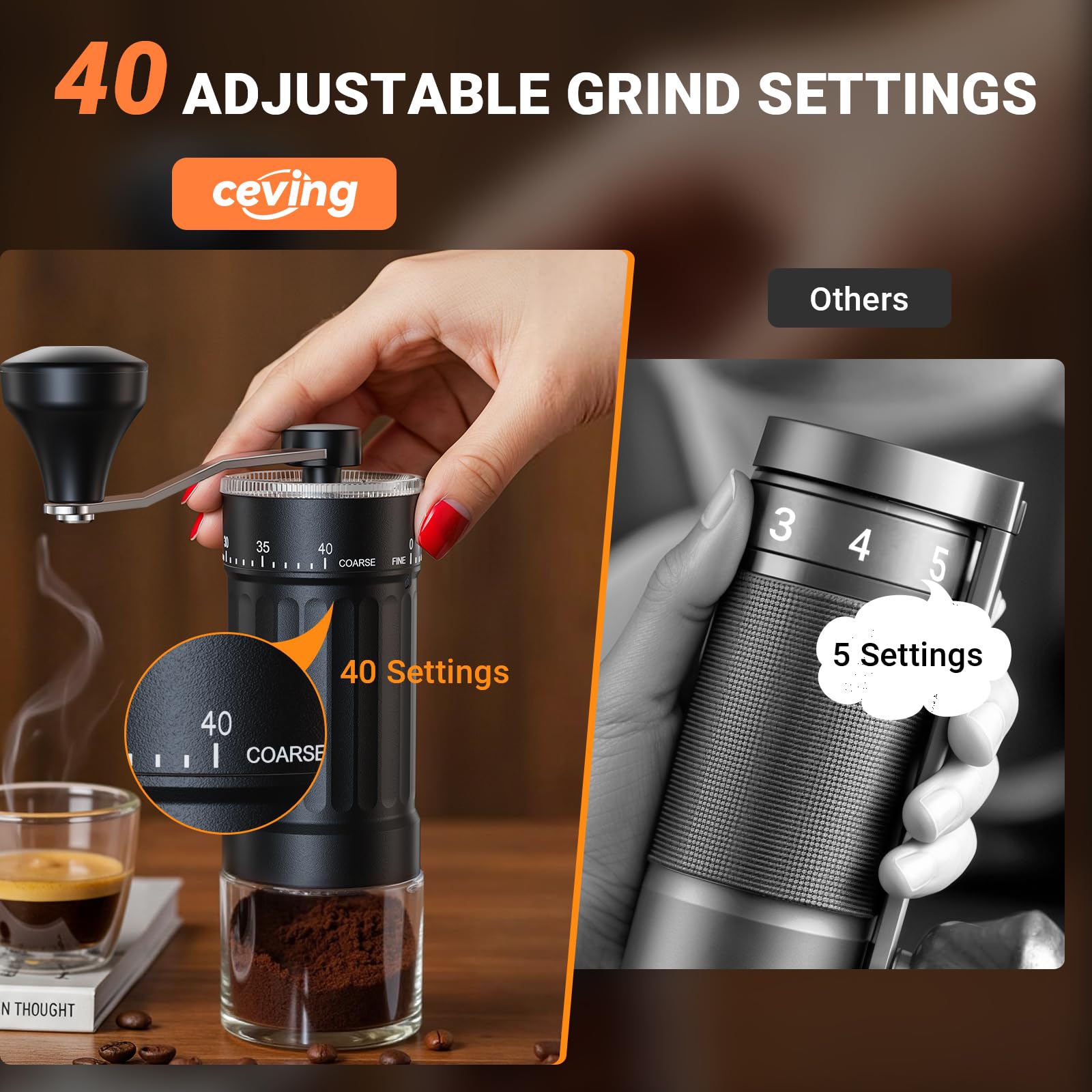 CEVING Mini Manual Coffee Grinder With 40 Adjustable Settings, Black