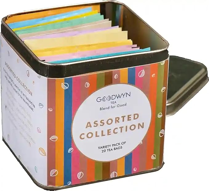 Goodwyn Assorted Herbal Tea Sampler Gift Set Box – 20 Tea Bags (Tulsi, Kahwa, Turmeric, Assam, Green, Lemon & More) | 10 Flavors x 2 Each |Premium Tea Collection in Reusable Tin| Individual bags