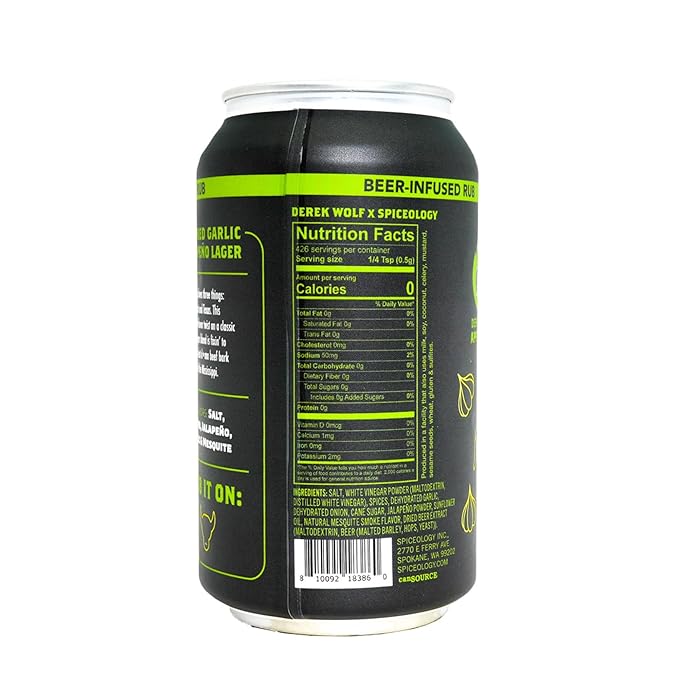 Spiceology & Derek Wolf - Smoked Garlic Jalapeno Lager - Beer-Infused Barbecue Rubs, Spices and Seasonings - Use On: Beef, Pasta Salad, Dressings, Marinades, or Roasted Vegetables - 7.5 oz Can with Resealable Lid