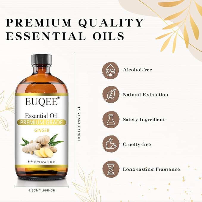 Ginger Essential Oil 118mL Pure Ginger Oil, Large Bottle Premium Essential Oil with Glass Dropper for Diffuser, Candle Making, DIY Soap - 4fl. oz