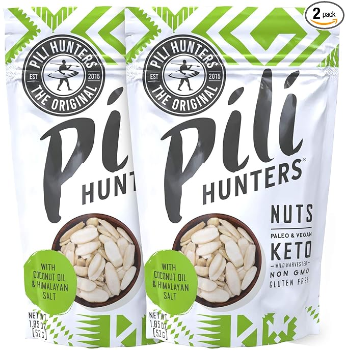 Pili Hunters - Wild Sprouted Pili Nuts, Coconut Oil and Himalayan Salt (1.85oz Bags, 2 Pack) Keto/Paleo/Vegan Snacks, Low Carb Energy, Gluten Free, No Sugar Added, Superfood, The Original AS SEEN ON SHARK TANK