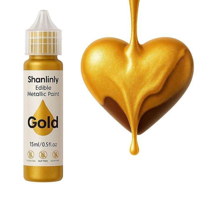 Edible Gold Metallic Paint for Baking ??Food Grade Edible Gold Dust Drink Glitter for Shimmer Cake Decorating, Cookies, Cupcakes, Cocktails ??15ml Perfect for Holidays, Wedding, Birthday Decorating