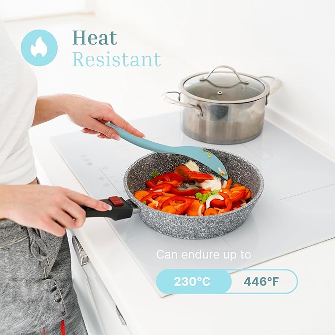 Silicone Utensils 4-Piece Set ??Rubber Spatula, Pastry Brush, Slotted Turner, and Rice Paddle ??Complete Heat-Resistant Set for Non-Stick Cookware ??Kitchen Tools for Cooking and Baking ??Pastel Blue