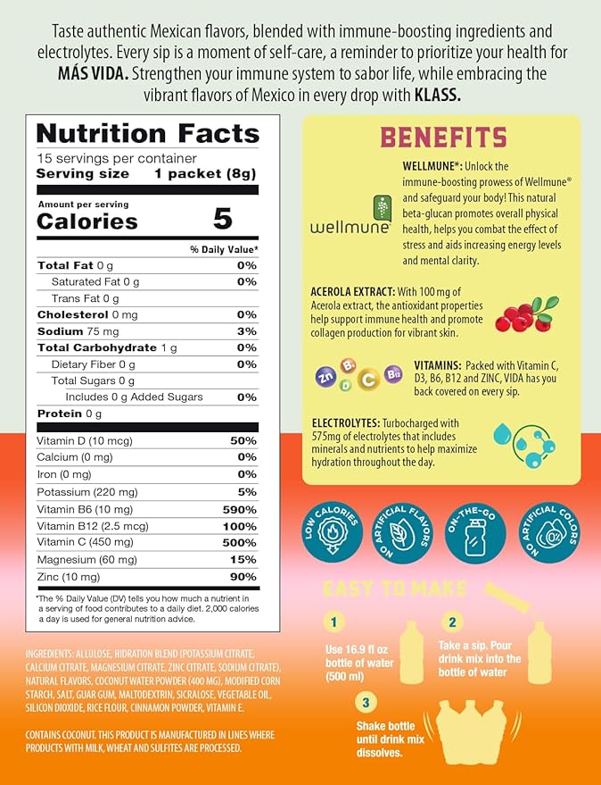 Hydration + Immunity Sugar-Free Powder Packets Mango, Horchata Fresa & Cantaloupe Electrolyte Agua Fresca Drink Mix Wellmune & Acerola Extract 15 Single Serve Sticks Low Calorie