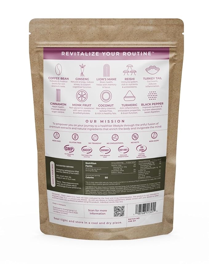 Energinseng Mushroom Coffee - Instant Latté - Robusta and Arabica coffee beans with Adaptogens, Nootropics, Prebiotics, Antioxidants - 14.11 OZ (400 G)