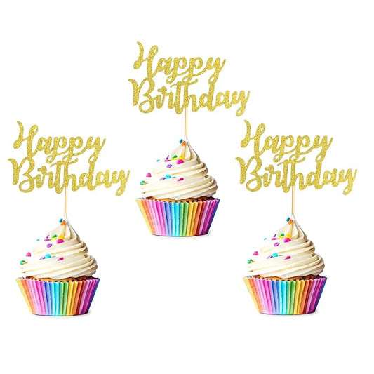 Pack of 48 Pre-Assembled Gold Glitter Happy Birthday Cupcake Toppers Cake Food Fruit Picks for Celebrating Birthday Party Decoration Supplies