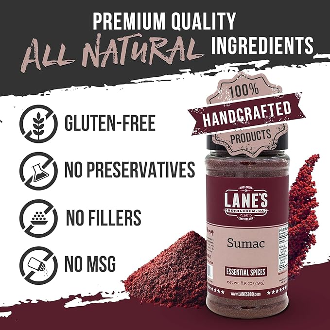 Lane's Sumac Seasoning, All Natural Sumac Spice Powder for Eggplant, Chickpeas & Lentils, Sumac Powder Mediterranean Seasoning, Made in USA, 8.5 Oz