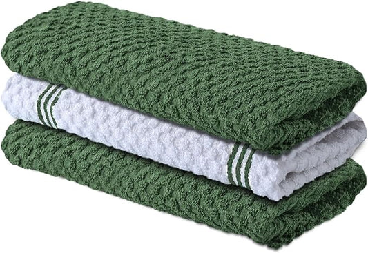 Infinitee Xclusives Premium Kitchen Towels ??Pack of 3, 100% Cotton 15 x 25 Inches Absorbent Dish Towels - Terry Kitchen Dishcloth Towels - Green Dish Cloth for Household Cleaning