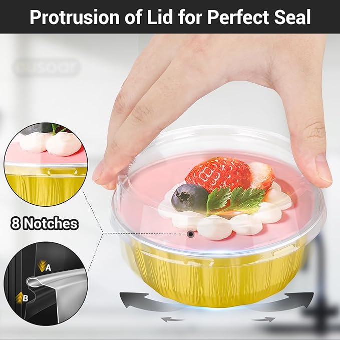 EUSOAR Disposable Ramekins, 25pcs 9oz Gold Creme Brulee Cups Cupcake Liners Holiday, Aluminum Pans with Lids Bakery Flan Bread Pie Tart Brownie Round Holders for Wedding Birthday Theme Party