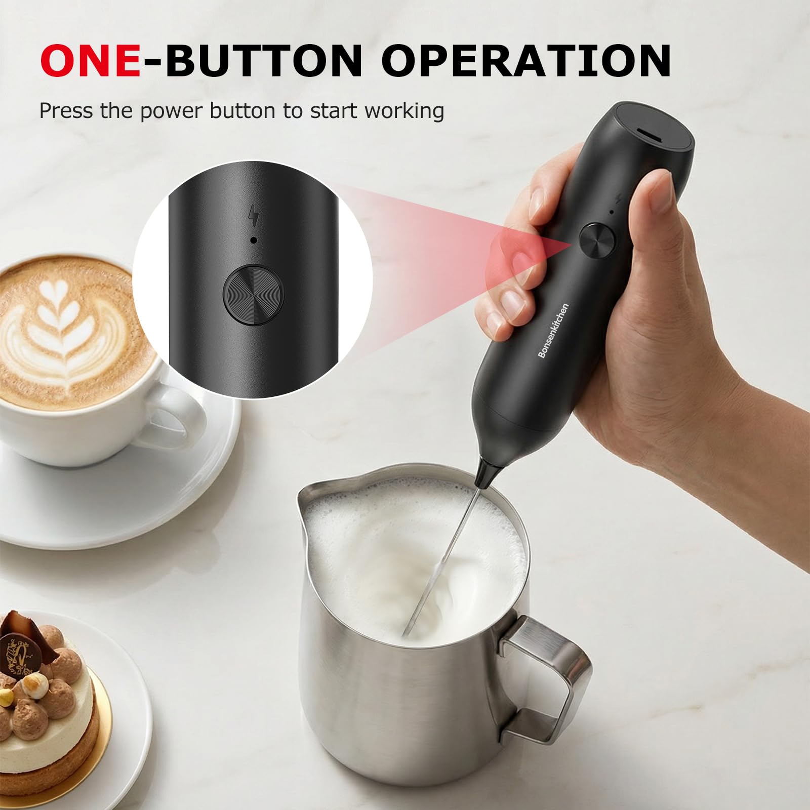 Bonsenkitchen Rechargeable Milk Frother Handheld, Charging USB-C