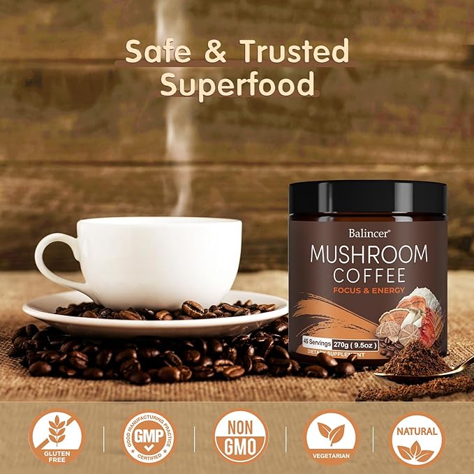 Mushroom Coffee, 6 Adaptogenic Mushrooms with Lion's Mane, Cordyceps, Turkey Tail & More, Instant Mushroom Coffee for Focus, Energy, Immune & Digestion Support