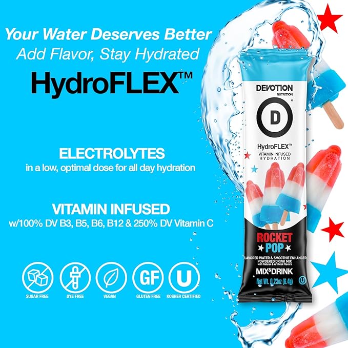 Devotion Nutrition HydroFLEX Water Flavoring Packets ??Sugar-Free Hydration with Vitamins & Electrolytes ??Dye-Free, Gluten-Free (Rocket Pop) 12-Pack Drink Mix