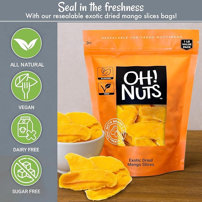 Oh! Nuts Exotic Dried Mango Slices - Sweetened Dehydrated Mango - 1lb Bulk Bag - Dried Mango Fruit Slices for Snacking & Baking - Low Cholesterol, High Fiber