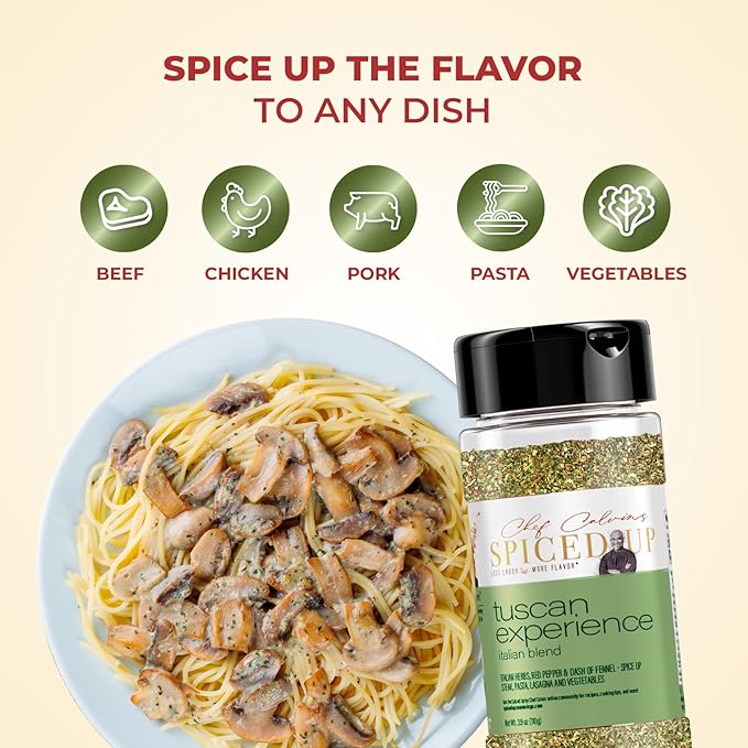 Spiced Up Tuscan Experience Seasoning – Italian Herb Blend with Garlic, Fennel & Tomato – All-Purpose Mediterranean Spice Mix for Pasta, Steaks & Veggies – Vegan, Gluten-Free, Non-GMO – 4.4 oz