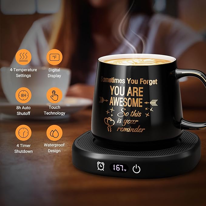 Coffee Mug Warmer & You are Awesome Mug Set, Electric Cup Warmer for Desk Office Home, Beverage Warmer with 4 Temperature Setting, 8-Hours Auto Shut Off, Best Birthday Present Ideas for Women Man