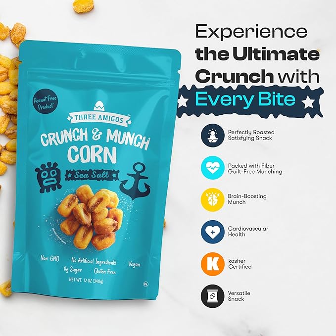 Three Amigos Corn Nuts Suger Free, 100% Vagan, Peanut Free Non-GMO (All Natural Ingredients) Guilt-Free snacking Toasted Corn Kernels in Reseable Bag - Crunchy & Munch Snack (12 OZ) (12 oz, Sea Salt)