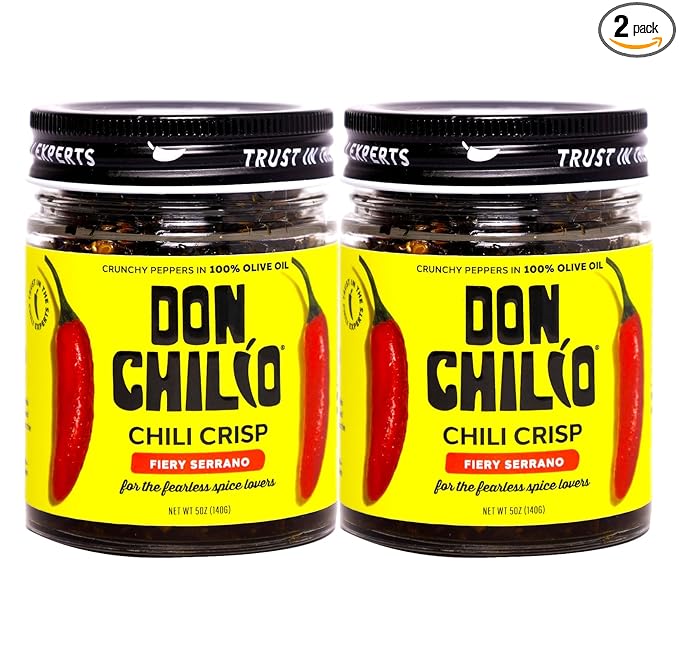 Don Chilio Medium Heat Serrano Mexican Chile Crisp, 5 oz, 2 Pack ??Crunchy Sliced Serrano Fried Chili Peppers in Hot Seasoned 100% Olive Oil ??Keto-Friendly, Vegan, Gluten Free