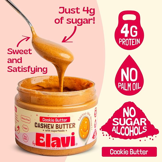 ELAVI Keto Cashew Butter, Kid-Friendly, Low-Sugar Dessert Spread | Vegan, No Added Sugar, No Sugar Alcohols, No Palm Oil (1 Count, Cookie Butter)