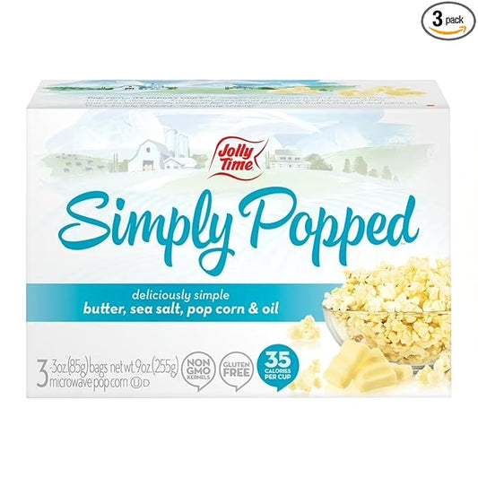 Jolly Time Simply Popped - Lightly Salted Microwave Popcorn, 3oz Sharing Bag, 3 Bags Per Carton (Simply Popped Butter, 3 Ounce (Carton of 3))