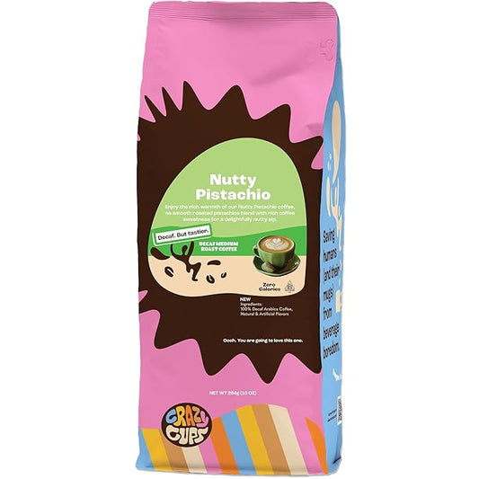 Crazy Cups Decaf Flavored Ground Coffee, Decaffeinated Pistachio Coffee in 10 oz Bag, For Brewing Hot or Iced