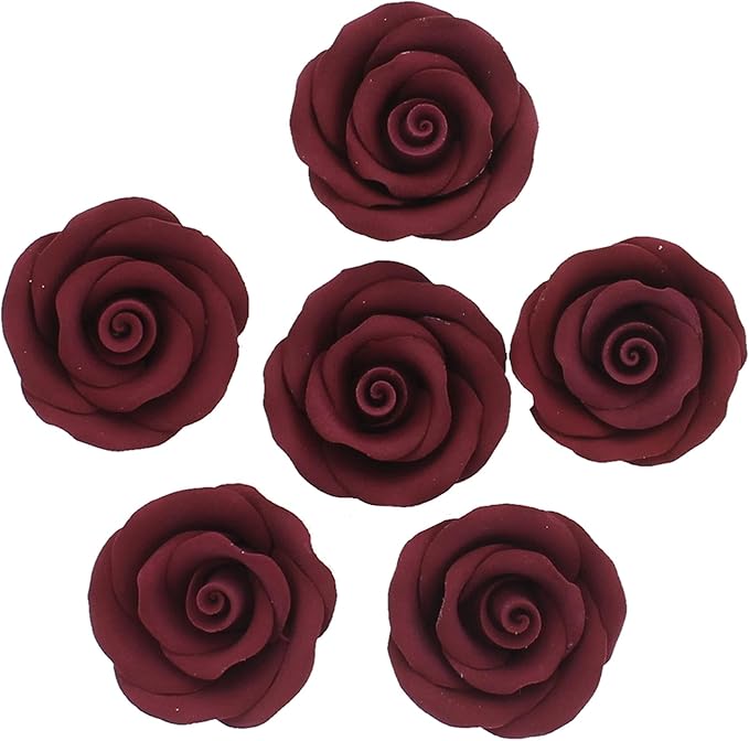 Global Sugar Art Premium Edible Roses, Burgundy, Unwired, Medium 1.5 inches, 12 Count by Chef Alan Tetreault