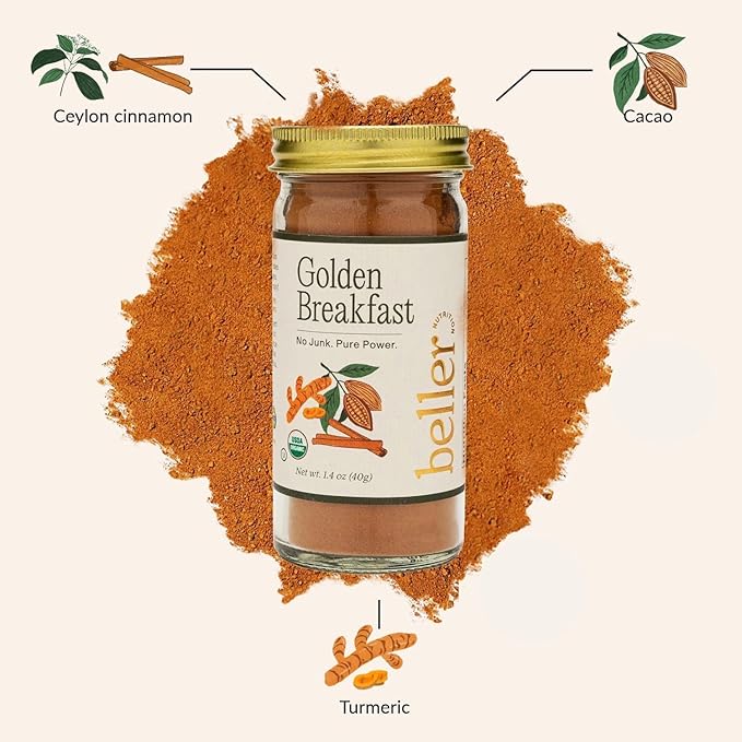 Beller Nutrition Golden Breakfast Organic Ceylon Cinnamon Powder Blend | 1.3 oz | No Salt Cinnamon Seasoning Ground from Organic Ceylon Cinnamon Sticks Blended with Ginger Root & Orange Peel