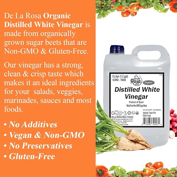 De La Rosa Organic Distilled White Vinegar, Raw & Unfiltered, Kosher for Passover, Vegan & Gluten Free, Great for Salad Dressing, Marinades, White Distilled Vinegar 5 Liter (Pack of 1)