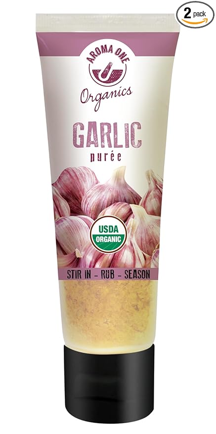 Aroma One Garlic Puree Paste - Organic Herb Concentrate for Cooking, Seasoning & Sauces - Fresh Flavor Enhancer, Non-GMO, Gluten-Free, Vegan - Easy Squeeze Tube, Kitchen Must-Have - 80g (2-Pack)