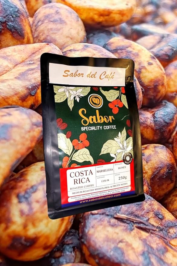 Sabor del Café ??Costa Rican Coffee Whole Bean, Medium Roast ??Specialty Coffee, Honey Processed for Sweetness ??100% Organic, Marsellesa Varietal, Aromatic & Smooth Flavor, 2x250g