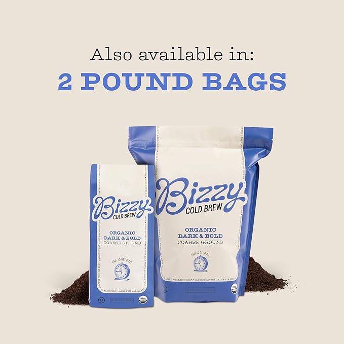 Bizzy Organic Cold Brew Coffee | Dark & Bold Blend | Coarse Ground Coffee | Dark Roast | Micro Sifted | Specialty Grade | 100% Arabica | 1 LB