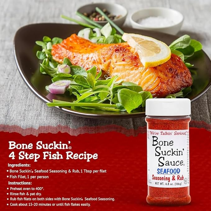 Bone Suckin' Seafood Seasoning & Rub, 4.8 Oz - For Frying, Grilling & Baking, Gluten-Free, Non-GMO, Kosher, Great on Shrimp, Salmon, Tuna, Tilapia, Pollock, Cod, Catfish, Clams, Crabs & More! Sugar Free & No Msg