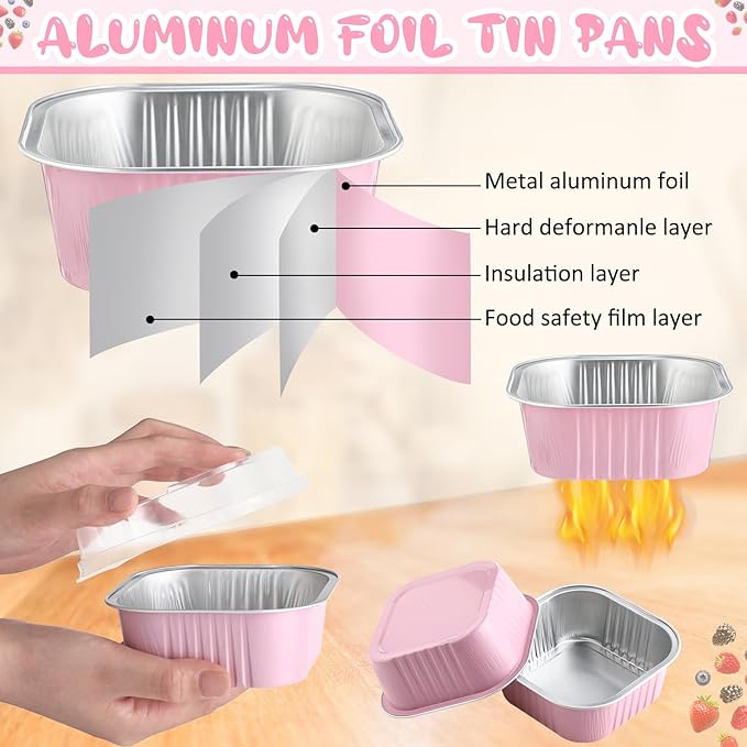 Aoriher 300 Pieces 10 oz Mini Cake Pans with Lids, Aluminum Foil Baking Cups, Square Disposable Cupcake Cups Baking Tins for Wedding Birthday Party Supplies(Pink)