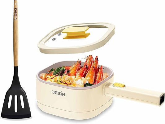 Dezin Hot Pot Electric, 2L Non-Stick Ceramic Coating Multifunction Cooker for Ramen & Oatmeal, Portable Hot Pot with Power Control for Dorm, Office, Travel (Silicone Spatula Included)