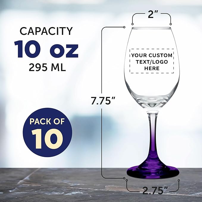 Custom Rioja Wine Glasses with Stem 10 oz. Set of 10, Personalized Bulk Pack - Color Bottom, Perfect for Wedding, Party Favors, Birthday, Bridal Shower Gifts - Purple