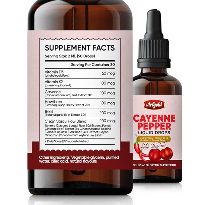 Arigold Cayenne Pepper Liquid Drops ??2 fl oz (60 ml) Vegan Supplement with Vitamin D3 K2, Hawthorn Berry, Beet Root, Turmeric, Ceylon Cinnamon, Berberine & Ginseng - Non-GMO Gluten-Free.