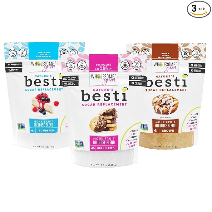 Wholesome Yum Besti Natural Sugar Substitute Multi Pack - Granulated, Powdered, Brown - Monk Fruit Sweetener Blend With Allulose (No Erythritol) - Keto, Non GMO, Zero Calorie, Zero Carb (12 oz 3-Pack)