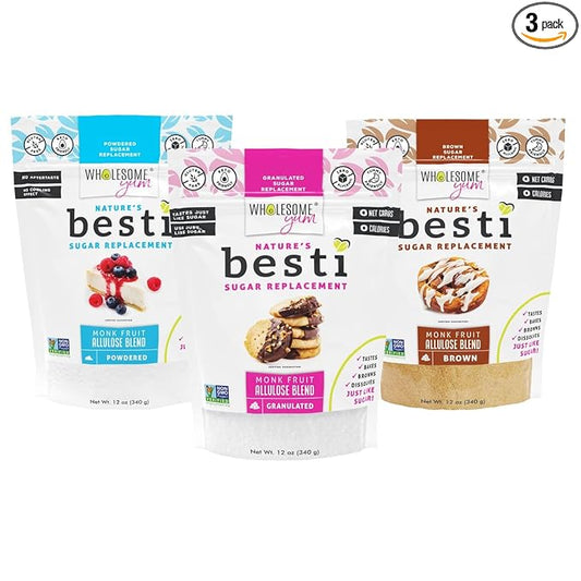 Wholesome Yum Besti Natural Sugar Substitute Multi Pack - Granulated, Powdered, Brown - Monk Fruit Sweetener Blend With Allulose (No Erythritol) - Keto, Non GMO, Zero Calorie, Zero Carb (12 oz 3-Pack)