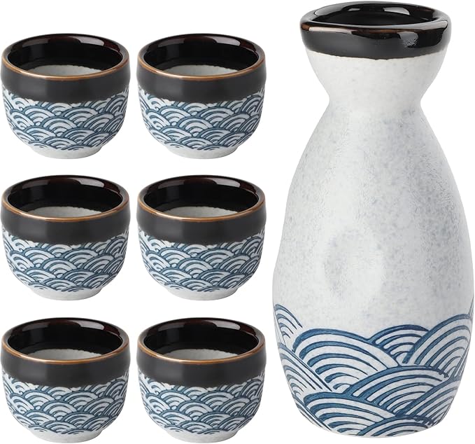 Sake Set Ceramic Japanese Sake Set of 7 include 1 Sake bottle 6 Sake Cups for Hot or Cold Sake at Home or Restaurant