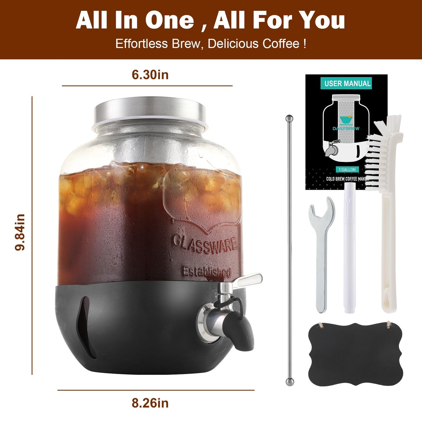 Cold Brew Coffee Maker, 1 Gallon Iced Coffee Maker With Stainless Steel Filter, Heavy Duty Glass