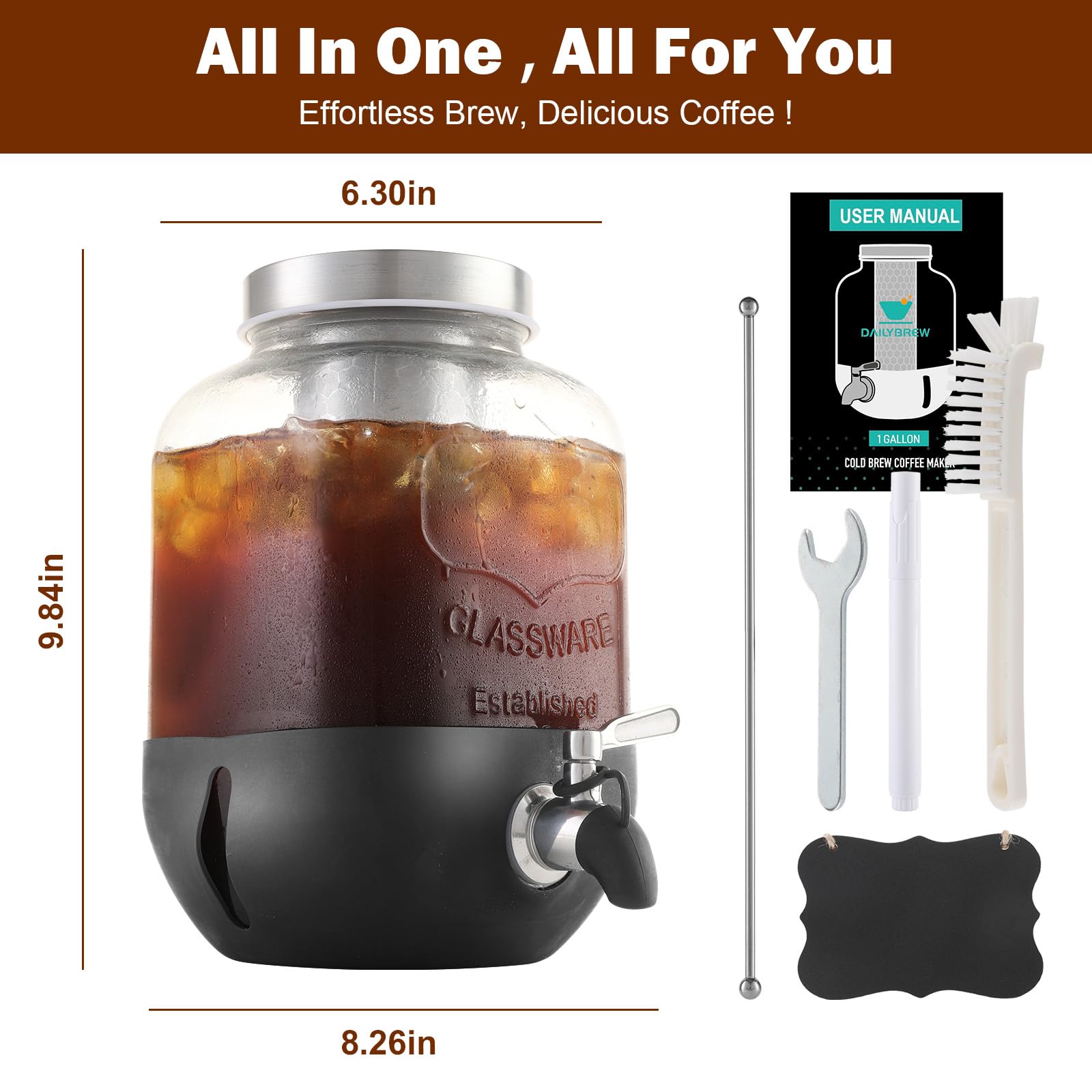 Cold Brew Coffee Maker, 1 Gallon Iced Coffee Maker With Stainless Steel Filter, Heavy Duty Glass
