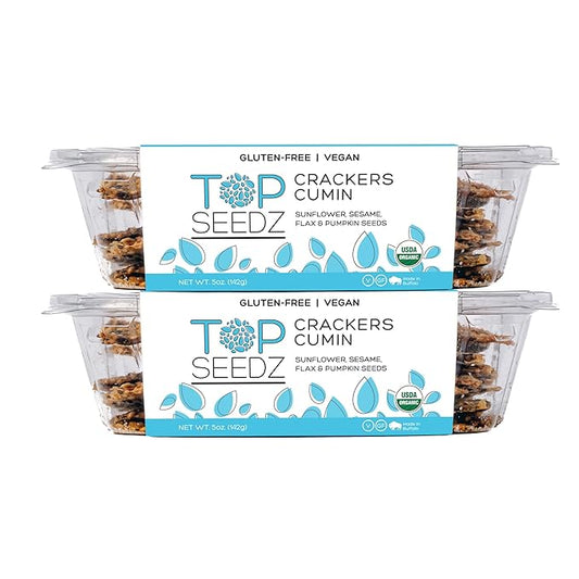 Top Seedz Certified Organic Gluten Free Cumin Seed Crackers | 2-Pack | 5 Ounces | Healthy Vegan Crackers with Plant Based Protein | Made of Sunflower, Flax, Sesame and Pumpkin Seed
