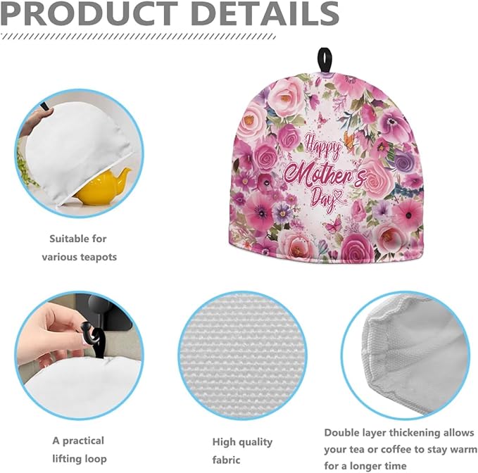 Mother's Day Roses Kettle Dust Cover Large Tea Cosy Portable Easy to Clean Tea Pot Dust Cover Insulated Tea Cosy Suitable for Kitchens Hotels or Cafes