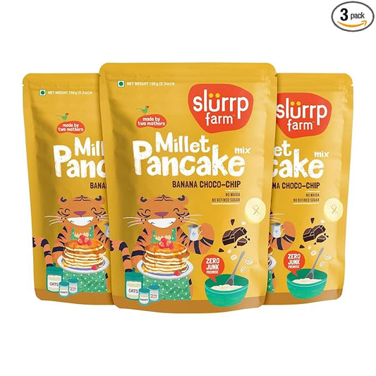 Slurrp Farm No Maida Pancake Mix | Instant Breakfast Mix Made with Oats and Jowar | Eggless Healthy Breakfast for Kids & Adults | Banana Chocochip- Pack of 3 X 150g