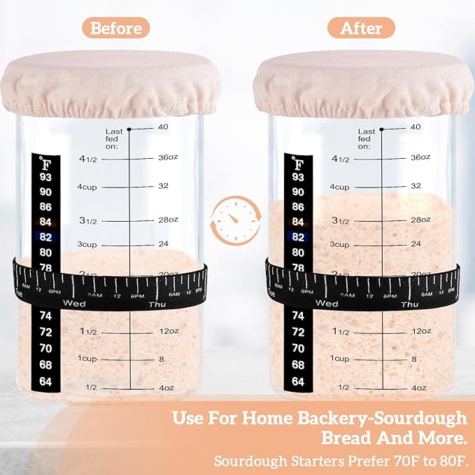 Sourdough Starter Jar Kit, 40 OZ 2 Pack Sourdough Starter Jar with Date Marked Feeding Band, Thermometer, Scraper, Sewn Cloth Cover and Metal Lid. Sour Dough Bread Baking Supplies
