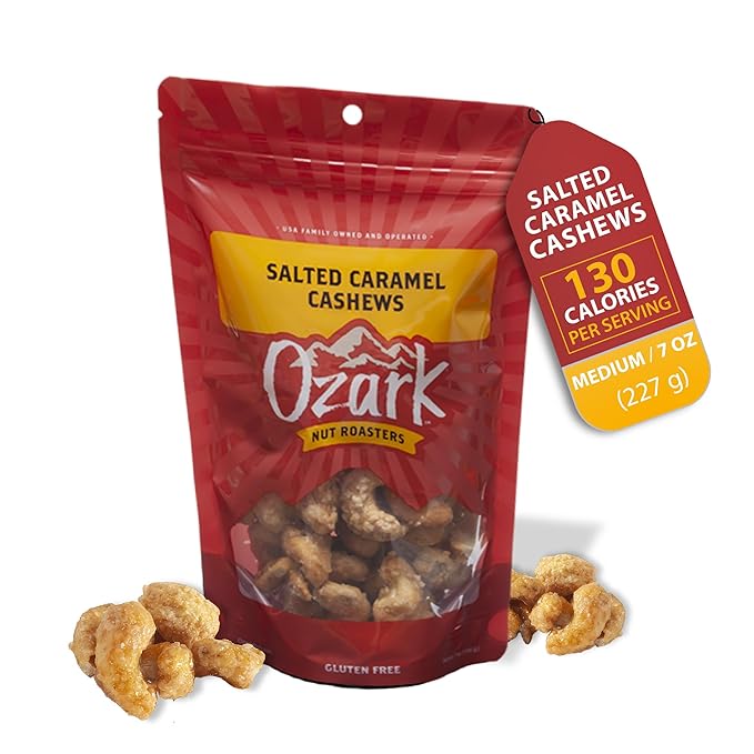 OZARK NUT ROASTERS: Salted Caramel Cashews, Gourmet Flavored Snack Nuts, Blend of Sugar, Sea Salt & Caramel, Pack of 1 (7.0 oz)