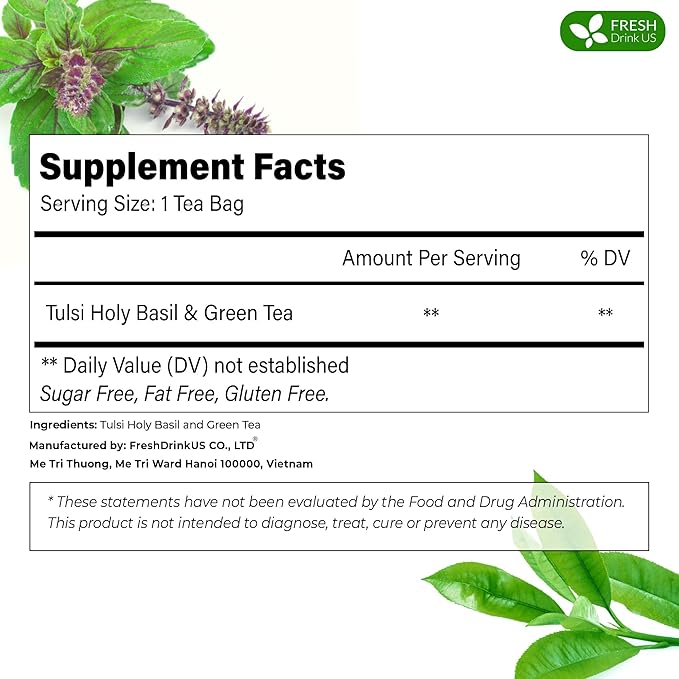 FreshDrinkUS, Premium 55 Tulsi Green Tea Bags, 100% Natural, Blend of Tulsi Holy Basil Leaves, and Green Tea Leaves. Made with Natural Material Tea Bags. No Sugar, Vegan.