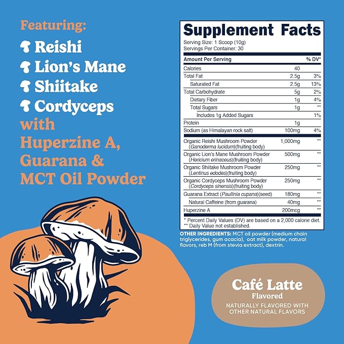 Nutricost Nutrizen AM Focus Adaptogenic Mushroom Drink (Cafe Latte Flavored) 30 Servings - Includes Reishi, Lion's Mane, Shiitake, Cordyceps