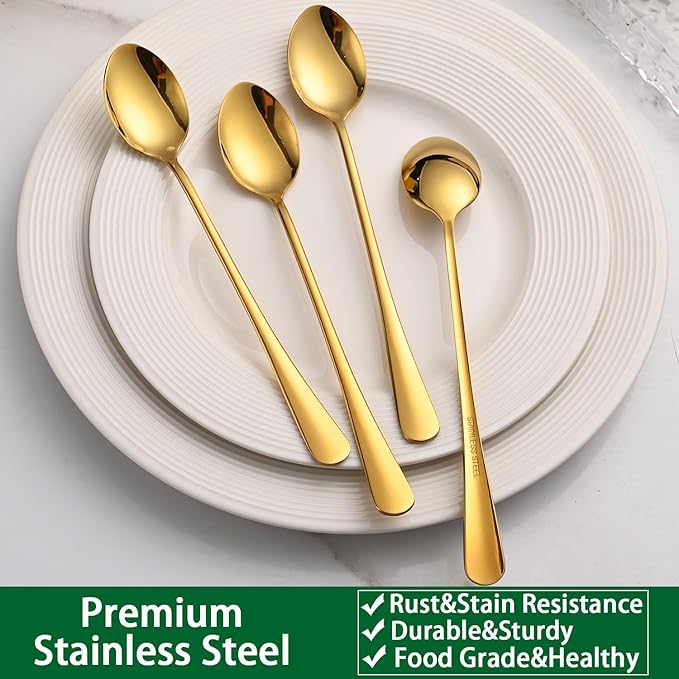 Gold 7.5 Inch Gold Iced Tea Spoons,Set Of 8 Stainless Steel Long Coffee Spoons,Long Handle Stirring Spoon For Dessert,Coctails,Ice Cream,Milk,Iced Teaspoons For Bar